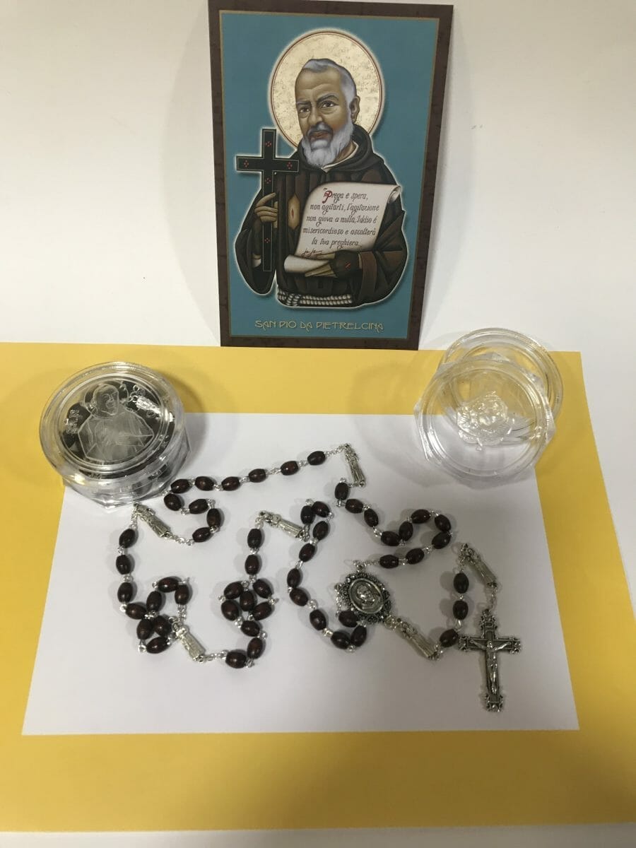 Padre Pio Statuette Rosary With Junction Medal Of St Pio In Embossed St Pio Box The Irish 