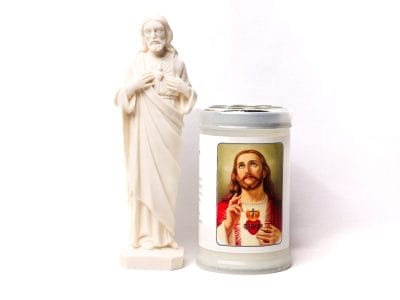 6.5” STATUE OF THE SACRED HEART OF JESUS IN WHITE ITALIAN-ART HAND-CRAFTED FINISH – WITH SACRED HEART CANDLE WITH PRAYER