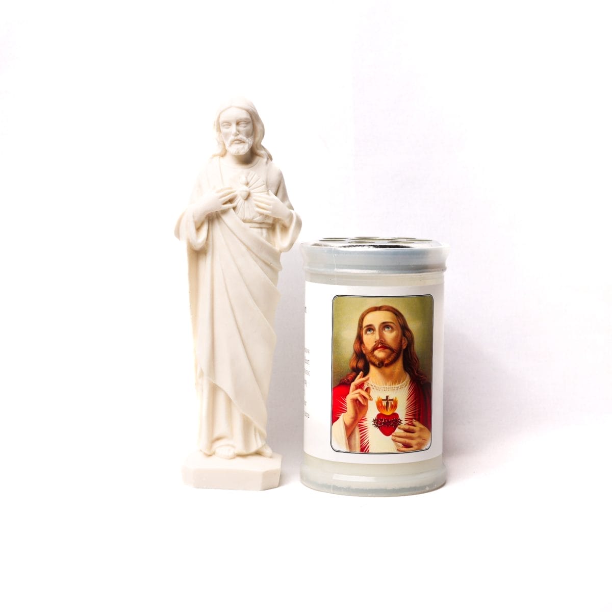 6.5” STATUE OF THE SACRED HEART OF JESUS IN WHITE ITALIAN-ART HAND-CRAFTED FINISH – WITH SACRED HEART CANDLE WITH PRAYER