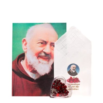 Blessed Linen Cloth, Heart Shaped Boxed Scented Rosary & Padre Pio Portrait – Gift Pack