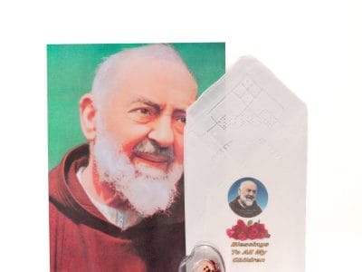 Blessed Linen Cloth, Heart Shaped Boxed Scented Single Decade Rosary & Padre Pio Portrait – Gift Pack