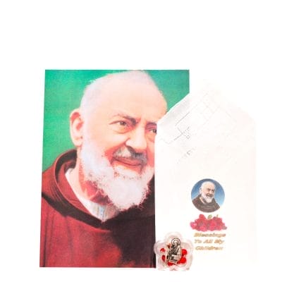 Blessed Linen Cloth, Rosette Shaped Boxed Scented Single Decade Rosary & Padre Pio Portrait – Gift Pack